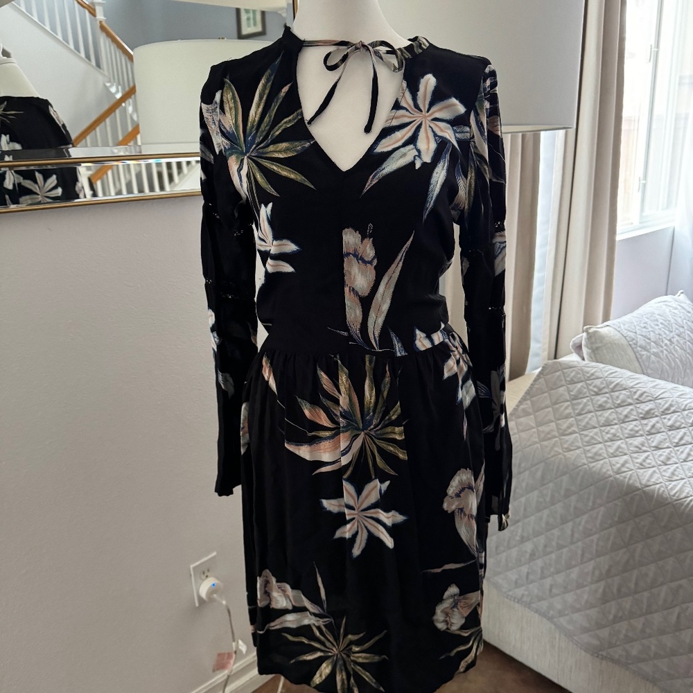ROXY Long Sleeve Dress True Black Delicate Flowers Size Medium
